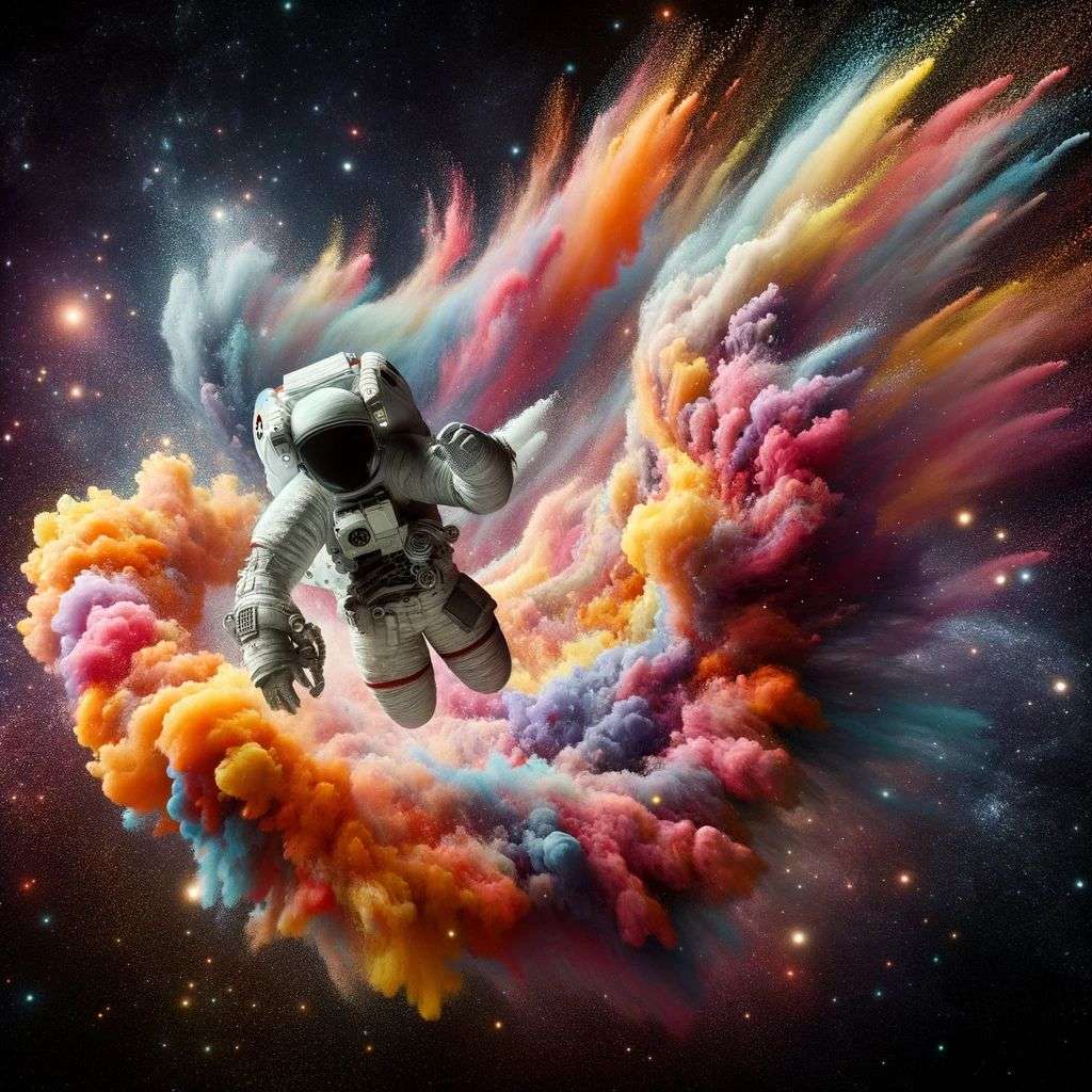an astronaut, made from a burst of colored powder, digital art